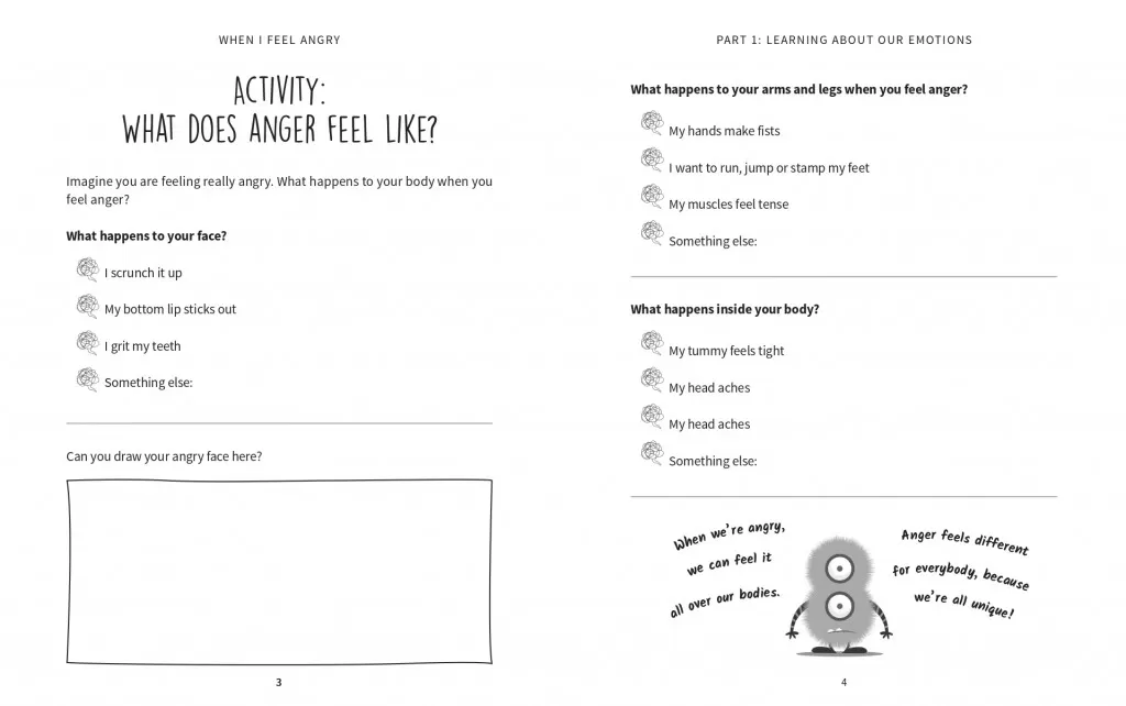 A sample spread from 'When I feel angry'. Readers can select what anger feels like and what happens to their face and body when they feel angry. 
